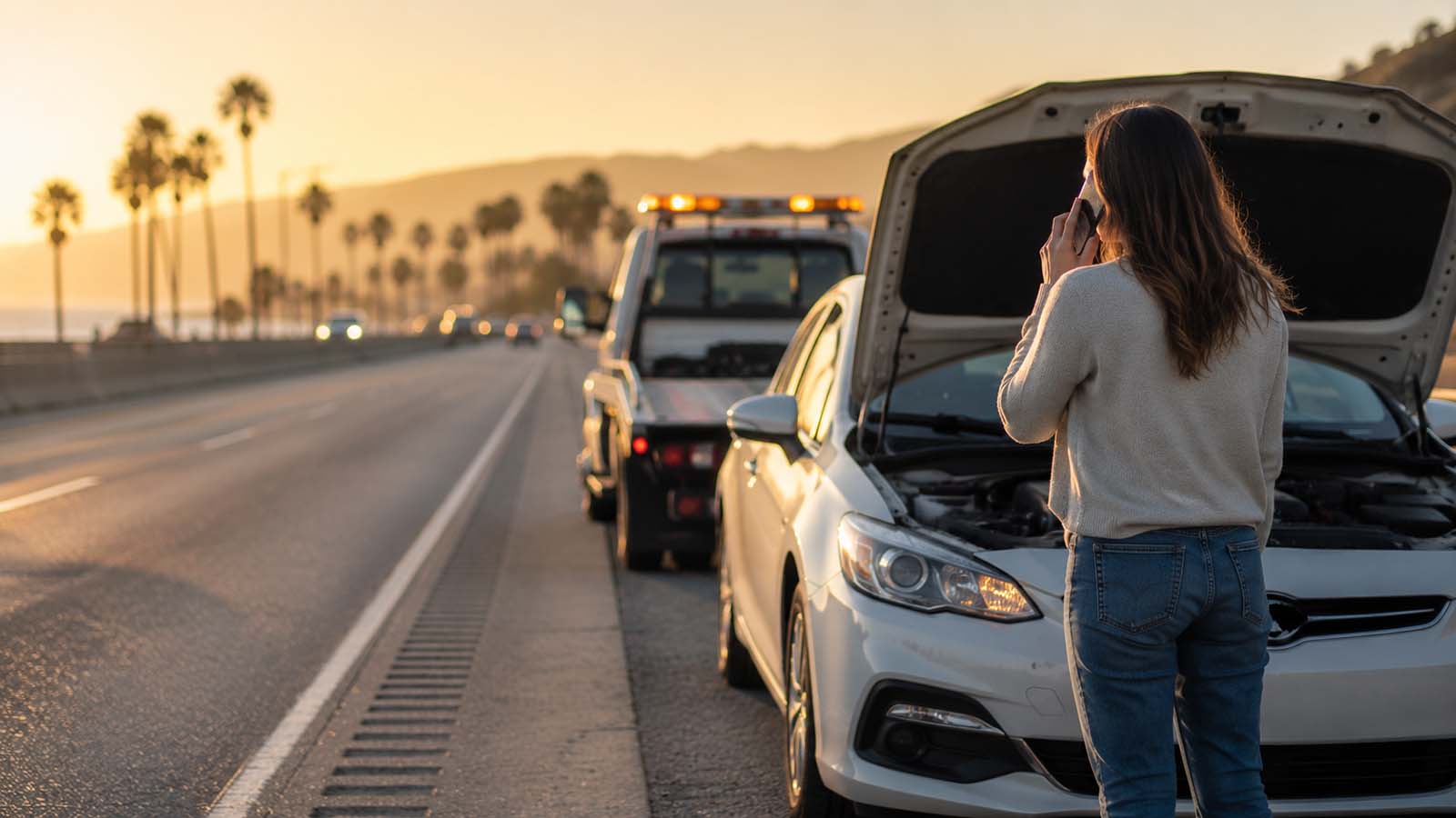Driver with hazard lights on, pulled over on the shoulder