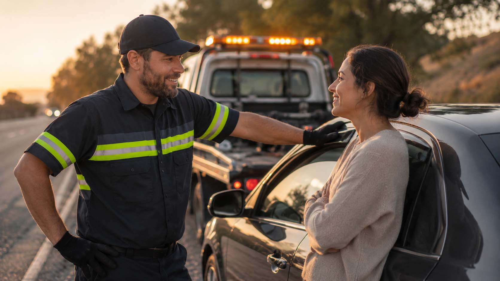 Tow truck on a Southern California highway at sunset